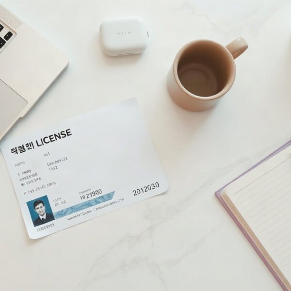 제천 개인택시 - flat lay of taxi license document and Korean won bills on white desk, Jecheon individual taxi support policy concept
