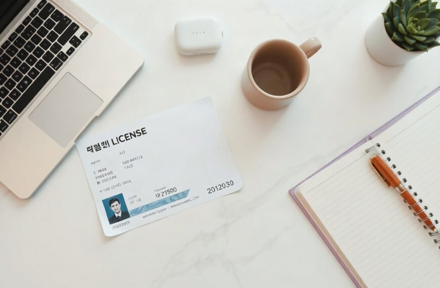제천 개인택시 - flat lay of taxi license document and Korean won bills on white desk, Jecheon individual taxi support policy concept
