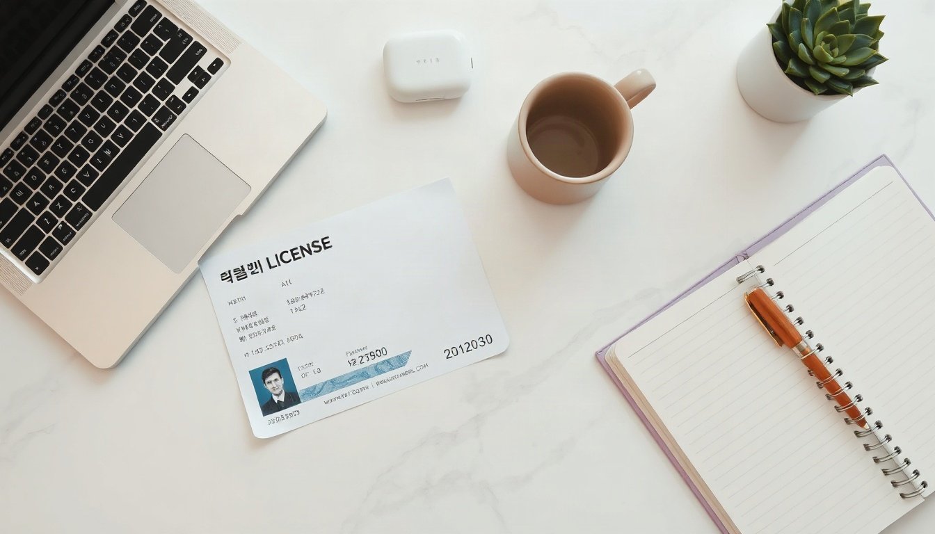 제천 개인택시 - flat lay of taxi license document and Korean won bills on white desk, Jecheon individual taxi support policy concept