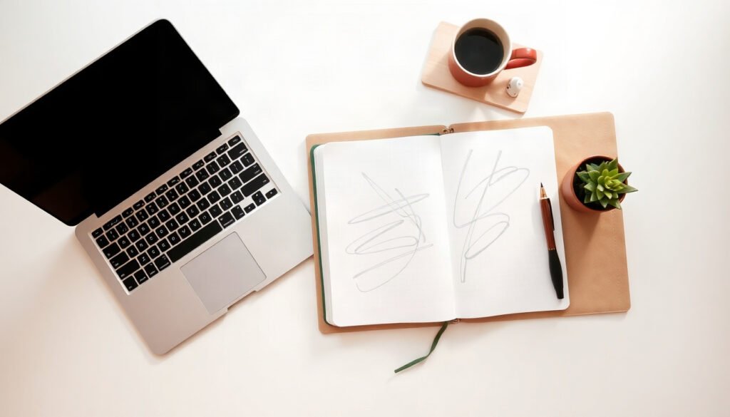 블로그 마케팅 - flat lay of laptop, notebook, and coffee cup on white desk, blog marketing strategy concept 2026