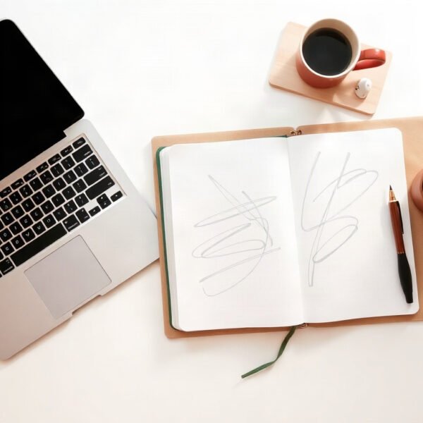 블로그 마케팅 - flat lay of laptop, notebook, and coffee cup on white desk, blog marketing strategy concept 2026