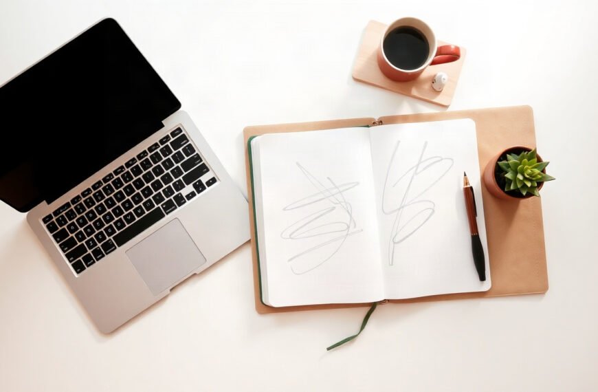 블로그 마케팅 - flat lay of laptop, notebook, and coffee cup on white desk, blog marketing strategy concept 2026