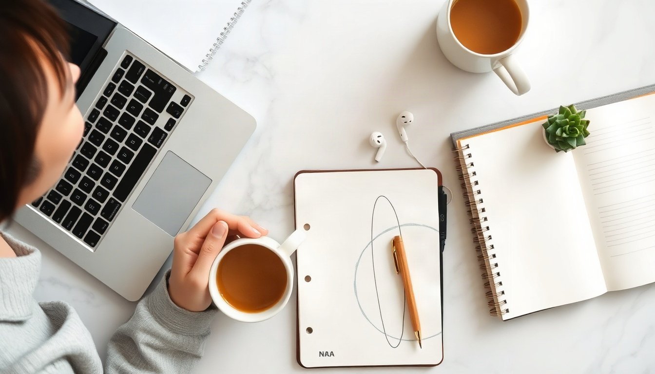 네이버 인플루언서 - Korean woman upper body shot with face visible, smiling while reviewing blog analytics on laptop screen, bright home office background, natural hands