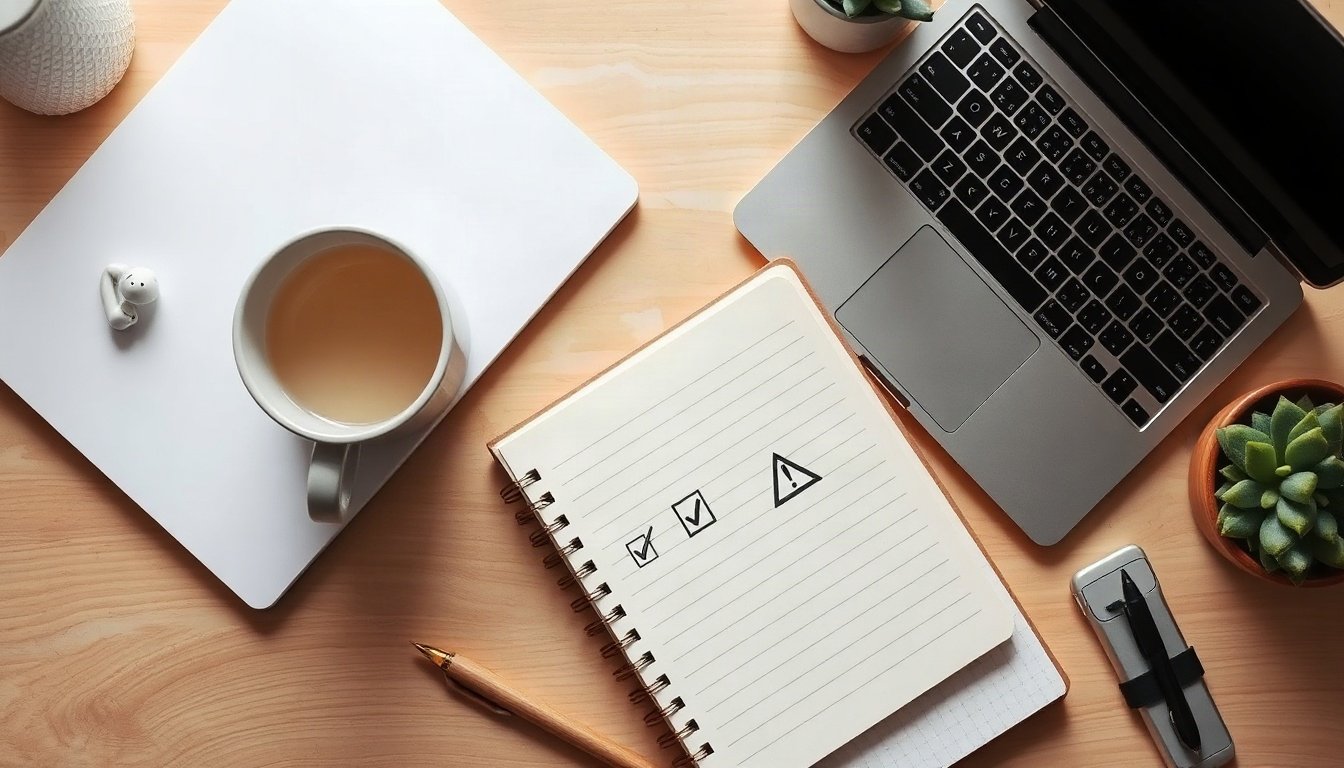 소라 AI - flat lay of checklist notebook with pen and warning sign icon on wooden desk, Sora AI usage precautions concept