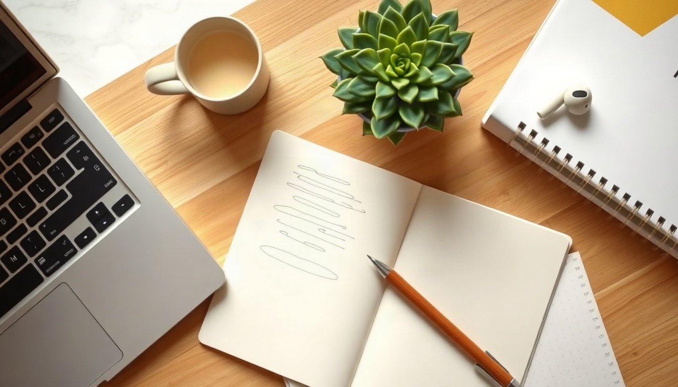 콘텐츠 마케팅 - flat lay of content marketing planning notebook and pen with small plant on wooden desk, blog monetization strategy concept