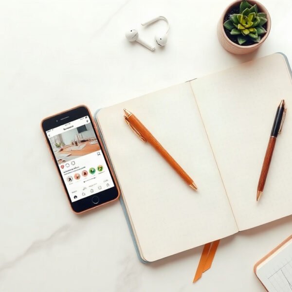 인스타 마케팅 - flat lay of smartphone displaying Instagram feed with notebook and coffee cup on white desk, Instagram marketing strategy concept