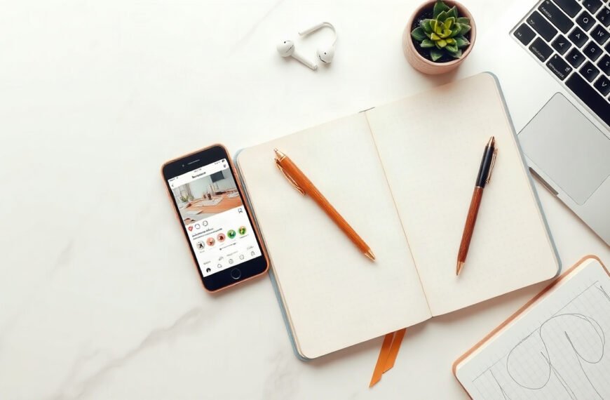 인스타 마케팅 - flat lay of smartphone displaying Instagram feed with notebook and coffee cup on white desk, Instagram marketing strategy concept