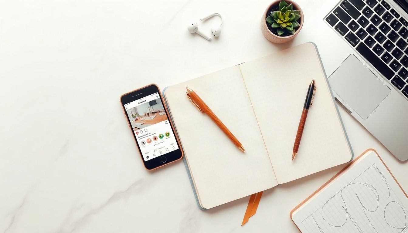 인스타 마케팅 - flat lay of smartphone displaying Instagram feed with notebook and coffee cup on white desk, Instagram marketing strategy concept