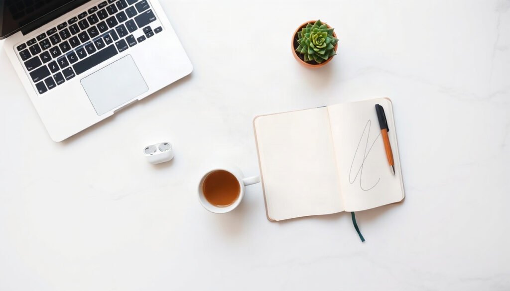 콘텐츠 마케팅 - flat lay of laptop, notebook, and coffee cup on white desk, content marketing strategy concept for blog monetization