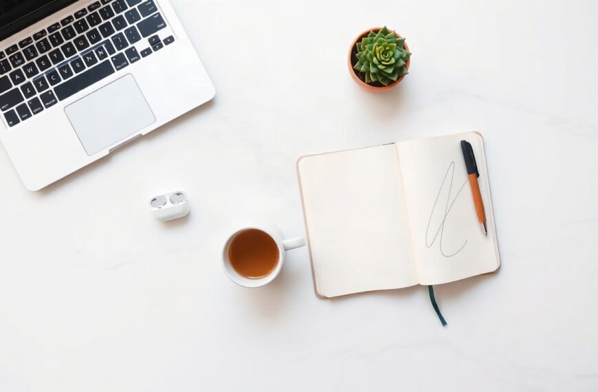 콘텐츠 마케팅 - flat lay of laptop, notebook, and coffee cup on white desk, content marketing strategy concept for blog monetization