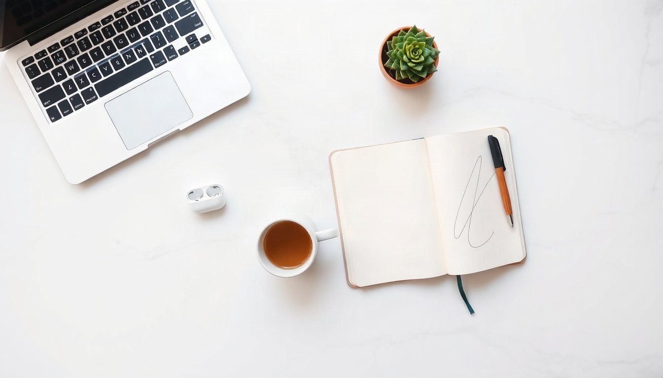 콘텐츠 마케팅 - flat lay of laptop, notebook, and coffee cup on white desk, content marketing strategy concept for blog monetization