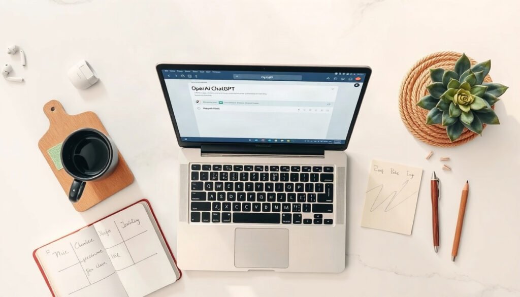 오픈AI - flat lay of laptop with OpenAI ChatGPT interface on screen, modern desk setup with notebook and coffee cup, productivity concept