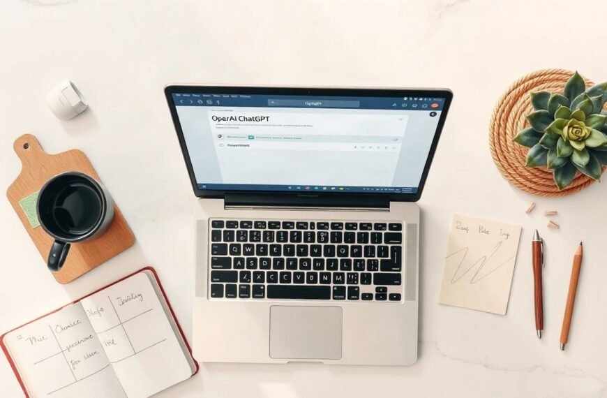 오픈AI - flat lay of laptop with OpenAI ChatGPT interface on screen, modern desk setup with notebook and coffee cup, productivity concept