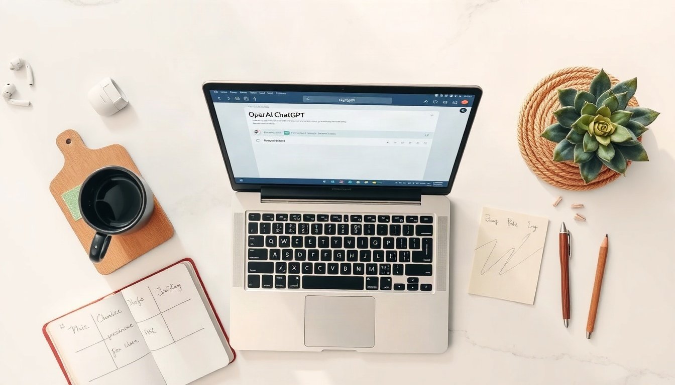 오픈AI - flat lay of laptop with OpenAI ChatGPT interface on screen, modern desk setup with notebook and coffee cup, productivity concept