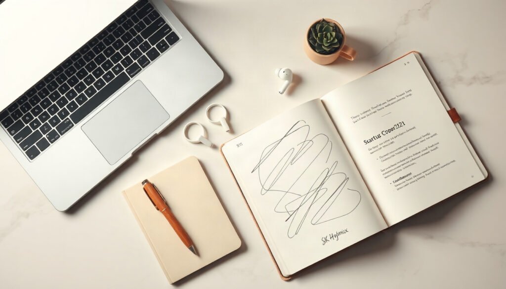 하이닉스 이천 - flat lay of startup documents, laptop and SK Hynix Icheon local support program brochure on white desk, youth entrepreneurship concept