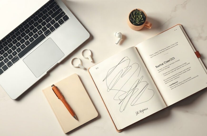 하이닉스 이천 - flat lay of startup documents, laptop and SK Hynix Icheon local support program brochure on white desk, youth entrepreneurship concept