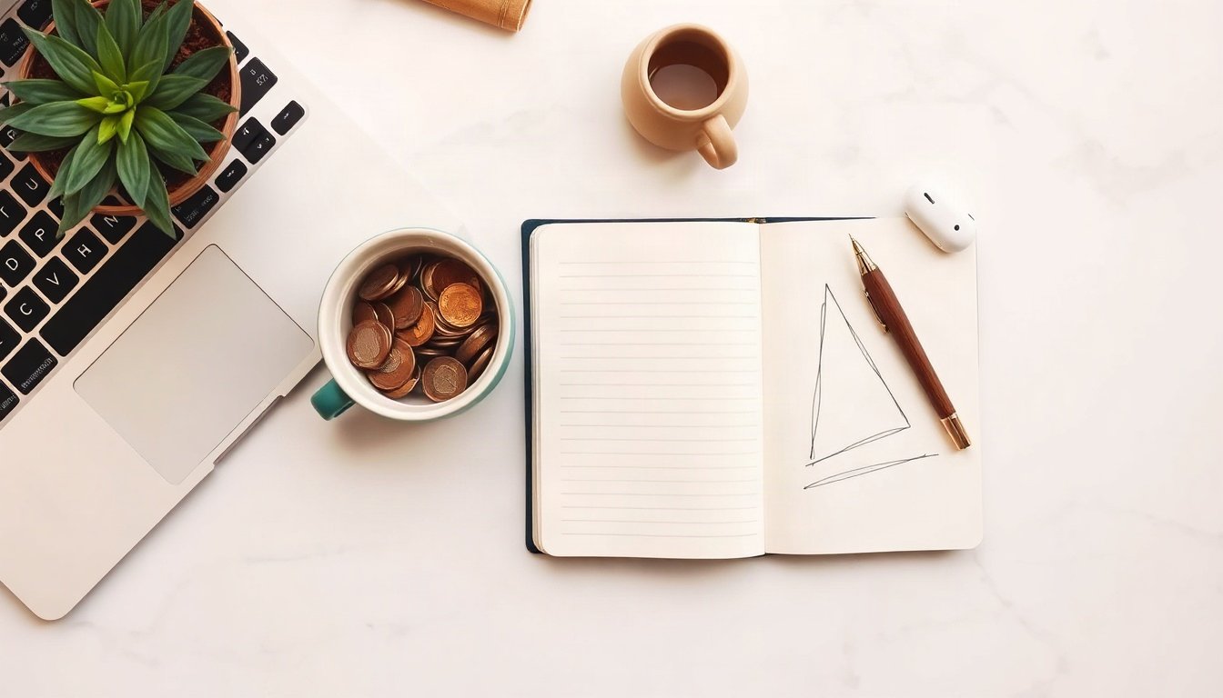 국민연금 - flat lay of retirement planning notebook, coins, and pen on desk, national pension strategy concept