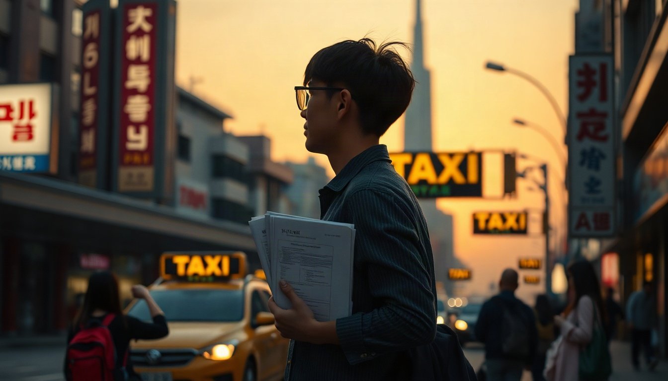 제천 개인택시 - Korean young man upper body shot with face visible, holding taxi documents at city hall counter, natural hands, Jecheon taxi startup support