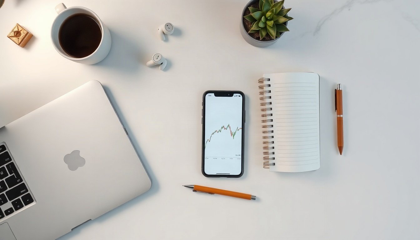 경제소식 신한투자증권 - flat lay of investment research materials, smartphone showing AI stock analysis app, notebook and pen on clean white desk, Korean stock market concept