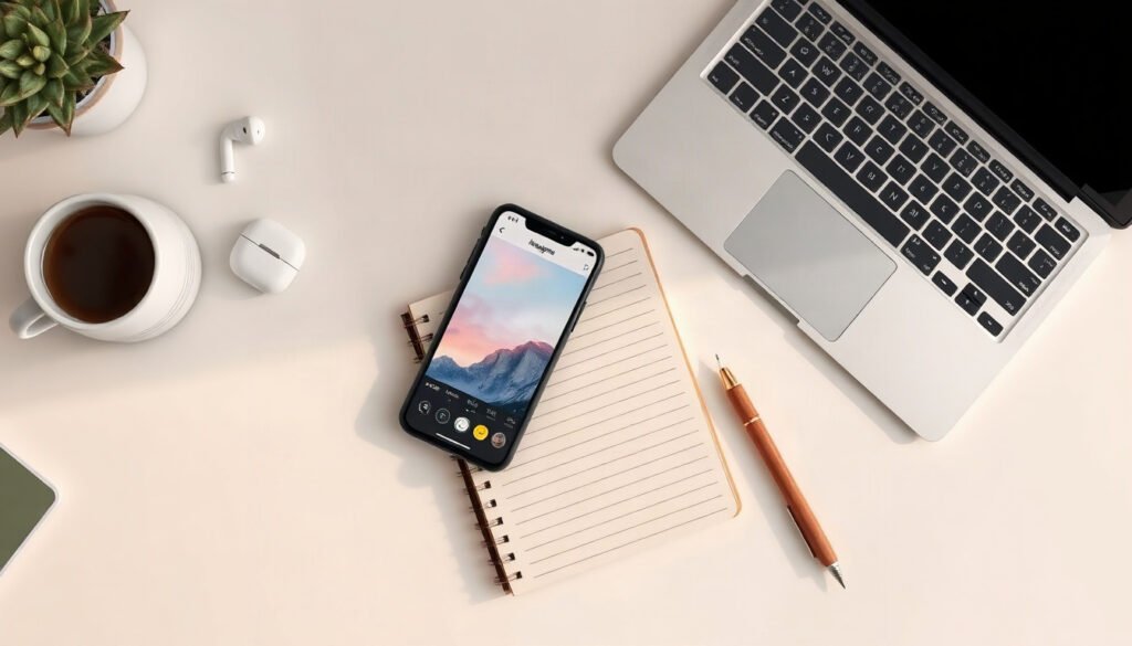 인스타 스토리 - flat lay of smartphone showing Instagram Stories interface on white desk, social media strategy concept