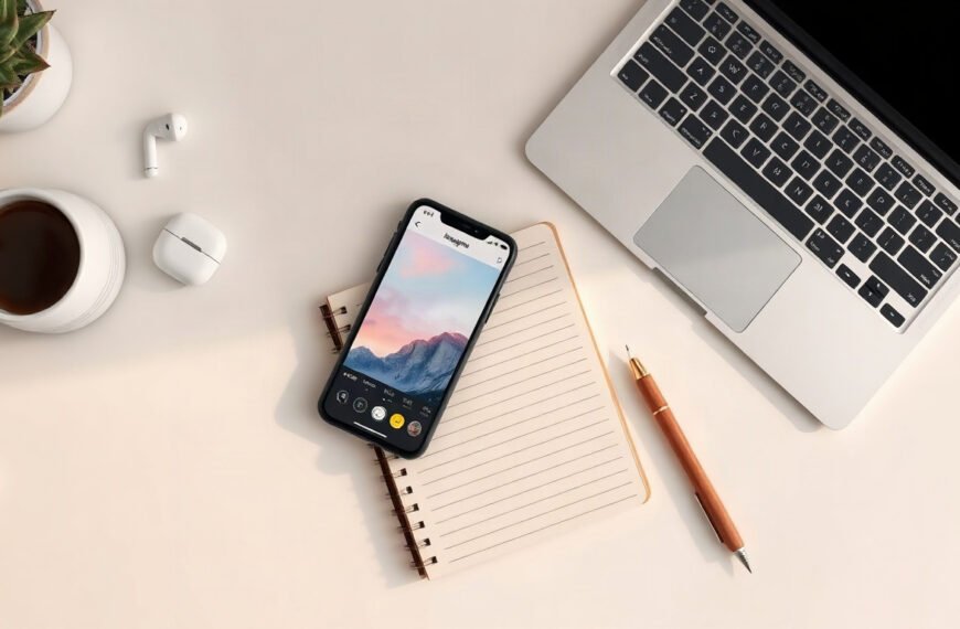 인스타 스토리 - flat lay of smartphone showing Instagram Stories interface on white desk, social media strategy concept