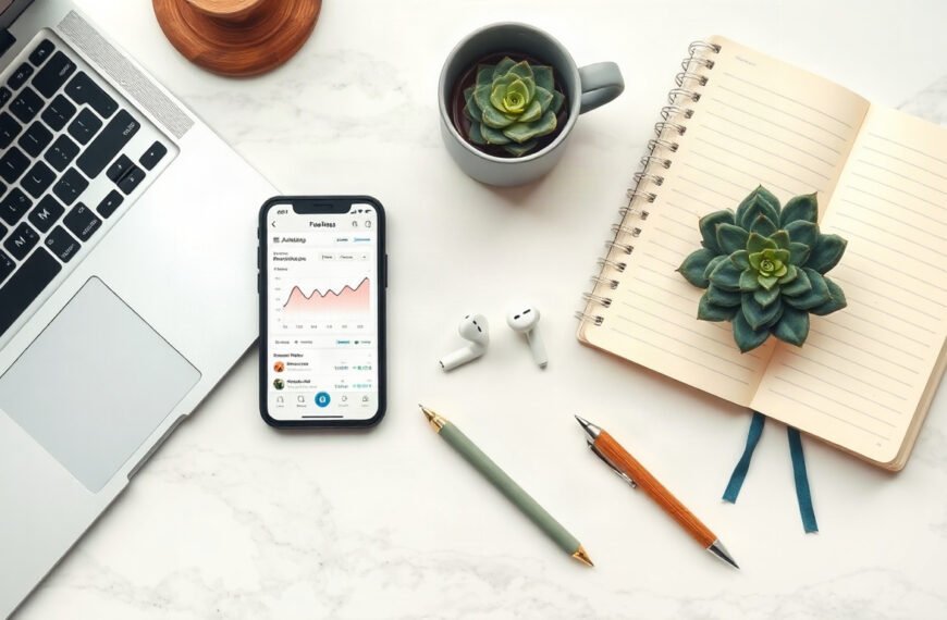 인플루언서 마케팅 - flat lay of smartphone showing social media analytics dashboard with follower growth chart, influencer marketing concept on white desk
