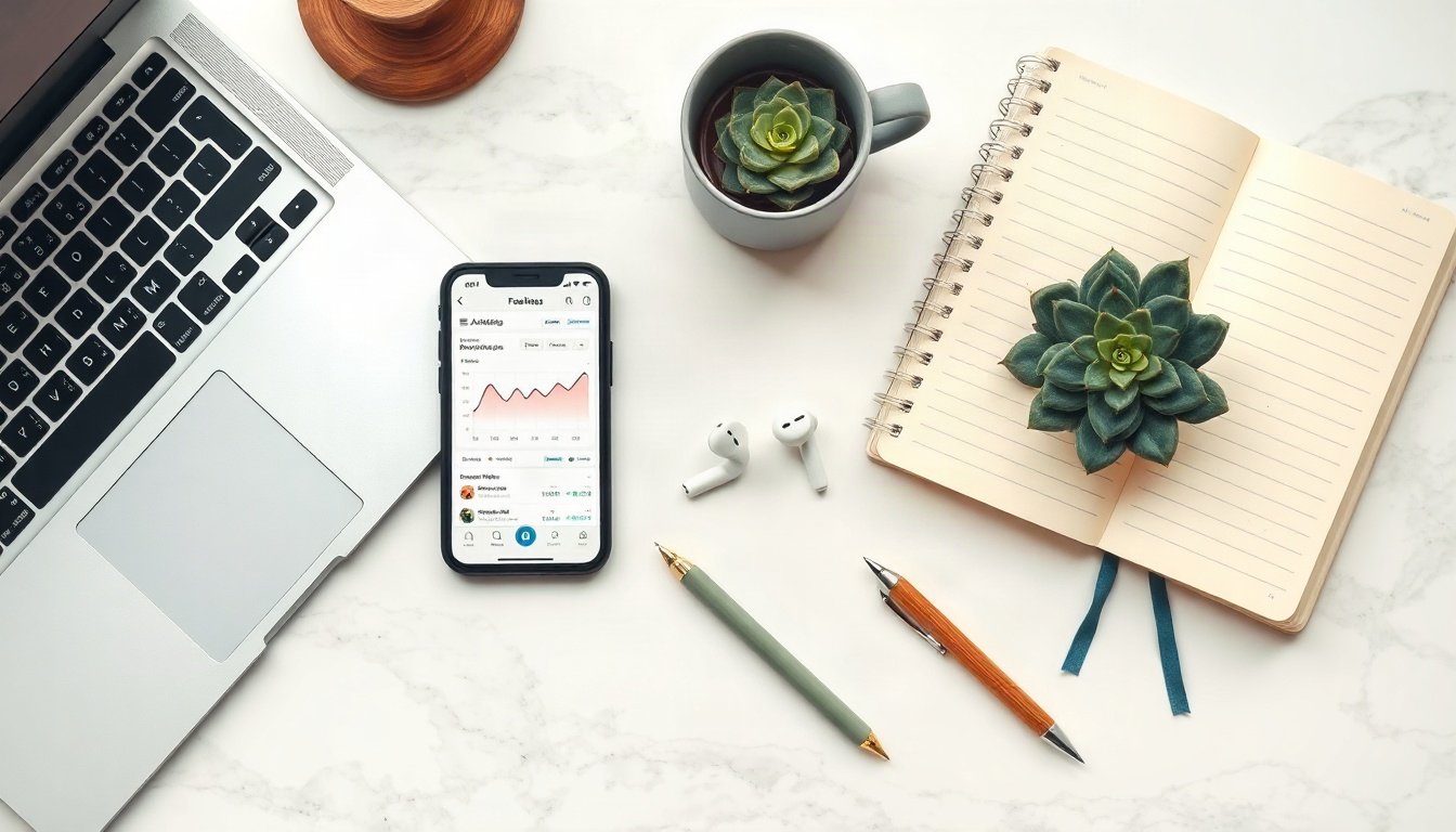 인플루언서 마케팅 - flat lay of smartphone showing social media analytics dashboard with follower growth chart, influencer marketing concept on white desk