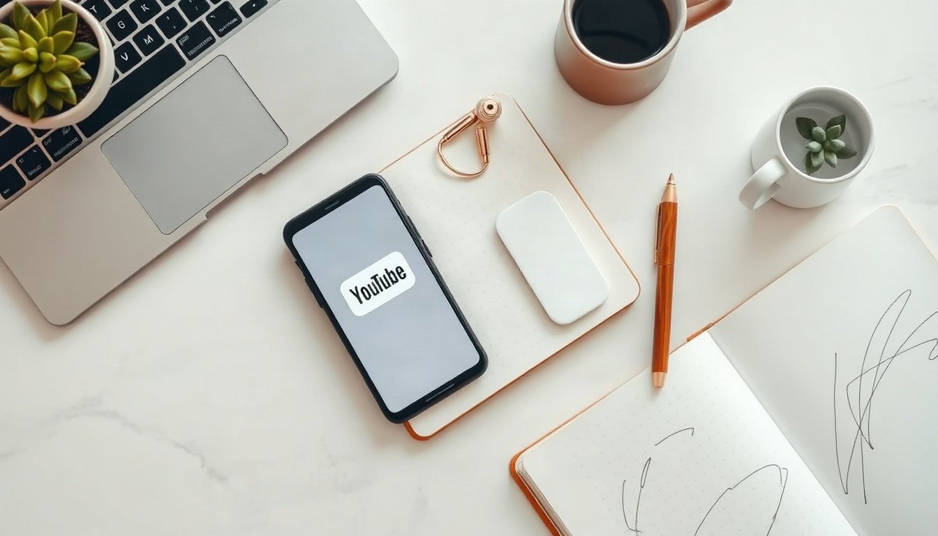 유튜브 멤버십 - flat lay of smartphone showing YouTube membership screen with notebook and pen on white desk, YouTube membership monetization concept