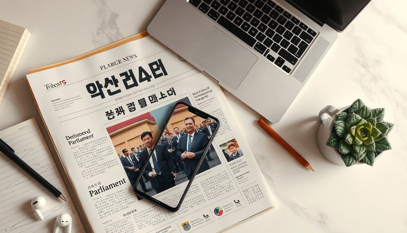 시사플랫폼 전진숙 - flat lay of Korean newspaper and smartphone showing political news, parliament building background