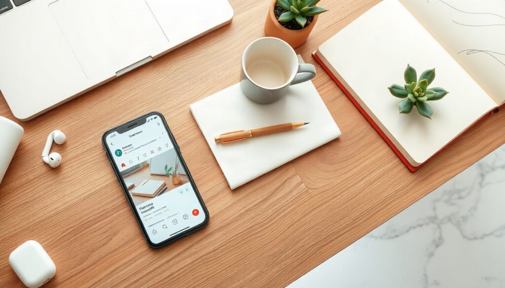 SNS 마케팅 - flat lay of smartphone showing social media apps on wooden desk, SNS marketing strategy concept 2026