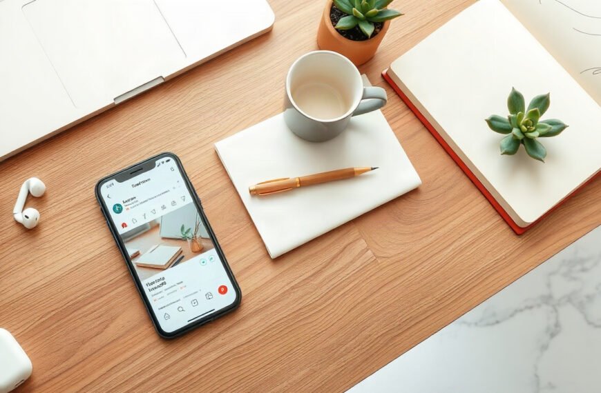 SNS 마케팅 - flat lay of smartphone showing social media apps on wooden desk, SNS marketing strategy concept 2026