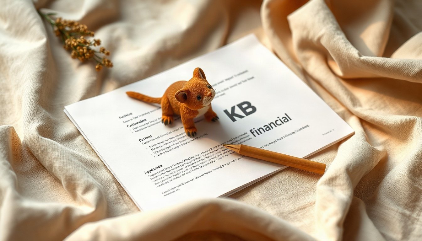 금융 창업부터 - flat lay of application documents, pen, and KB financial logo on clean white desk, Korean youth startup support concept, overhead view