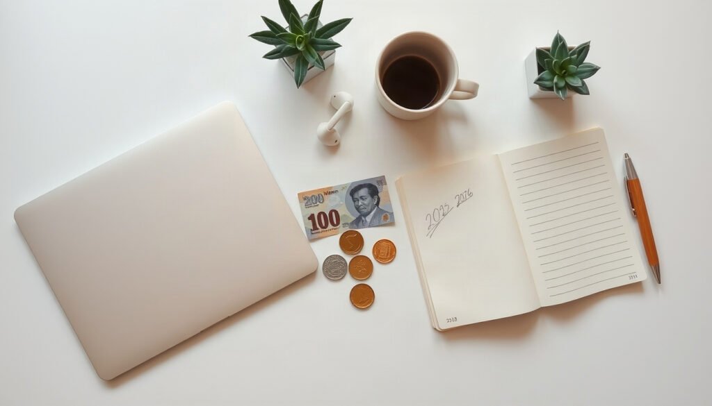 최저시급 - flat lay of Korean won banknotes and coins on white desk, minimum wage 2026 concept
