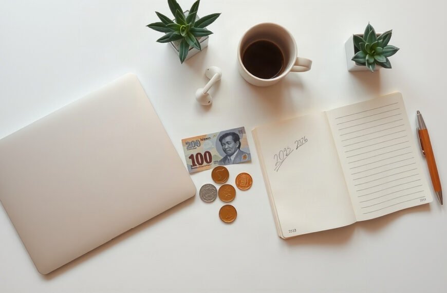 최저시급 - flat lay of Korean won banknotes and coins on white desk, minimum wage 2026 concept