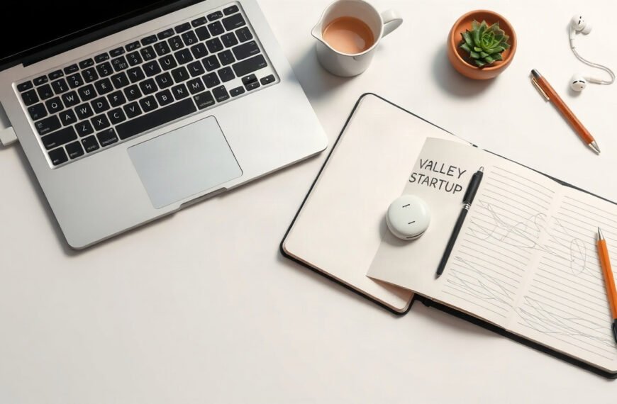 구광모표 인재 - flat lay of LG logo, laptop, and silicon valley startup concept on clean white desk, AI talent development program
