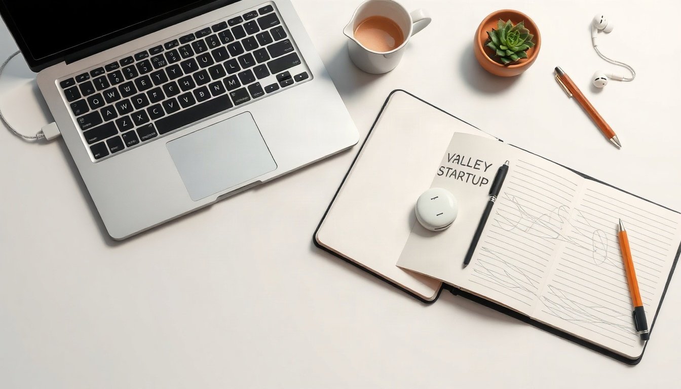 구광모표 인재 - flat lay of LG logo, laptop, and silicon valley startup concept on clean white desk, AI talent development program