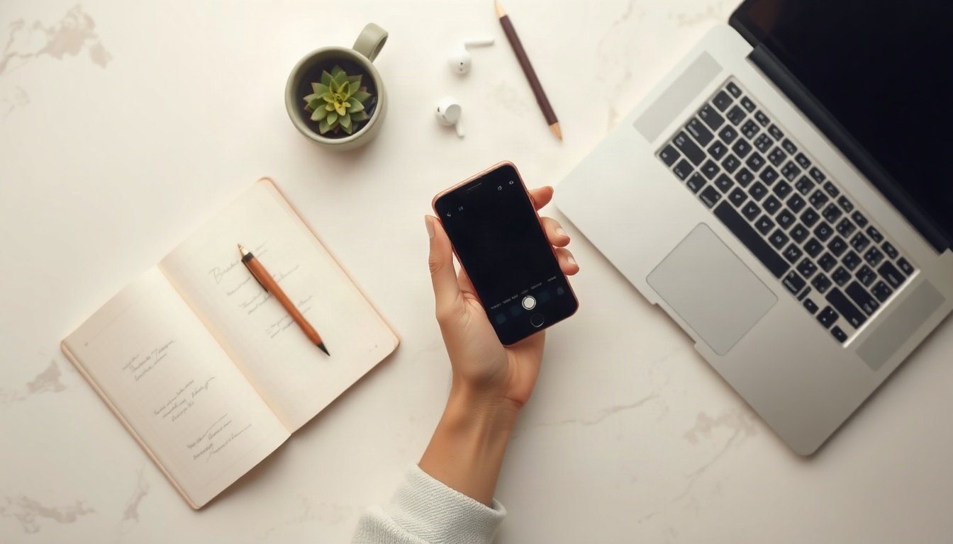 인스타 스토리 - Korean woman upper body shot with face visible, using smartphone to post Instagram Stories in modern office, natural hands