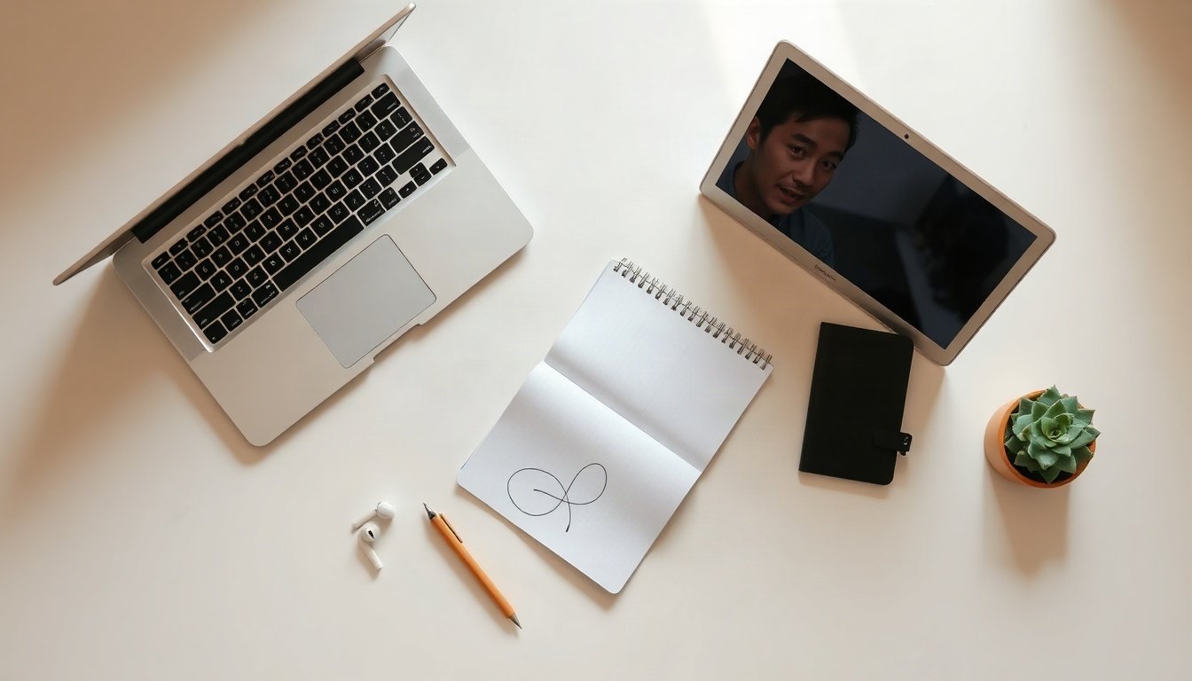 오픈AI - Korean man upper body shot with face visible, using ChatGPT on laptop at home office desk, natural hands on keyboard, soft natural lighting