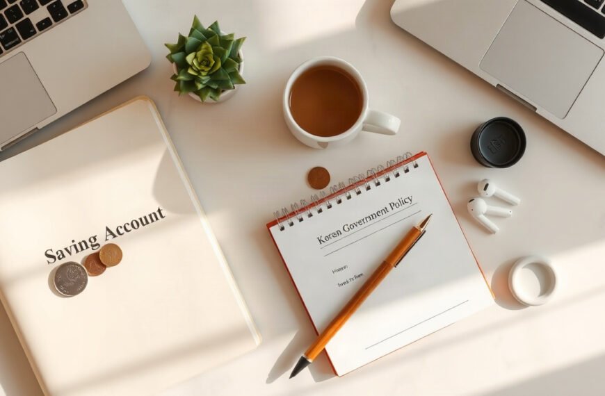 금융위 청년지원 - flat lay of savings account book, coins, and Korean government policy document on white desk, youth financial support concept