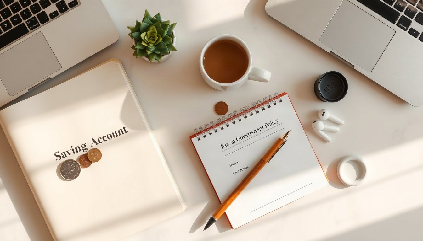 금융위 청년지원 - flat lay of savings account book, coins, and Korean government policy document on white desk, youth financial support concept