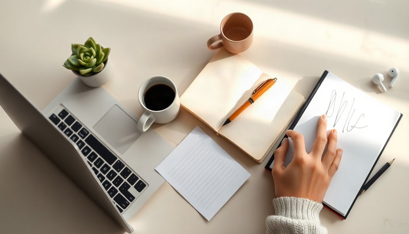 콘텐츠 마케팅 - Korean woman upper body shot with face visible, analyzing blog content marketing data on laptop screen in modern office, natural hands