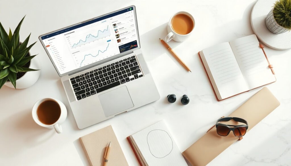 키워드 분석 - flat lay of laptop showing keyword research dashboard with analytics charts and notebook on white desk, keyword analysis concept