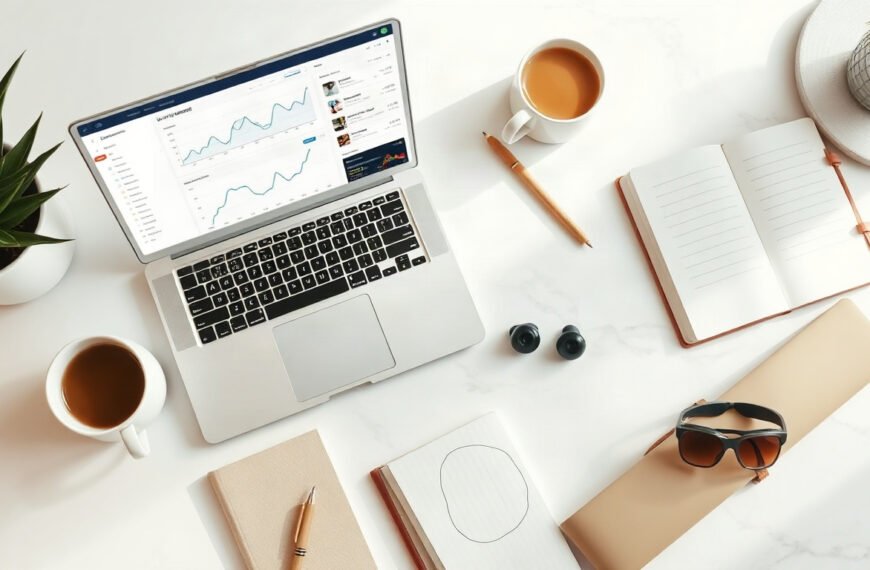 키워드 분석 - flat lay of laptop showing keyword research dashboard with analytics charts and notebook on white desk, keyword analysis concept