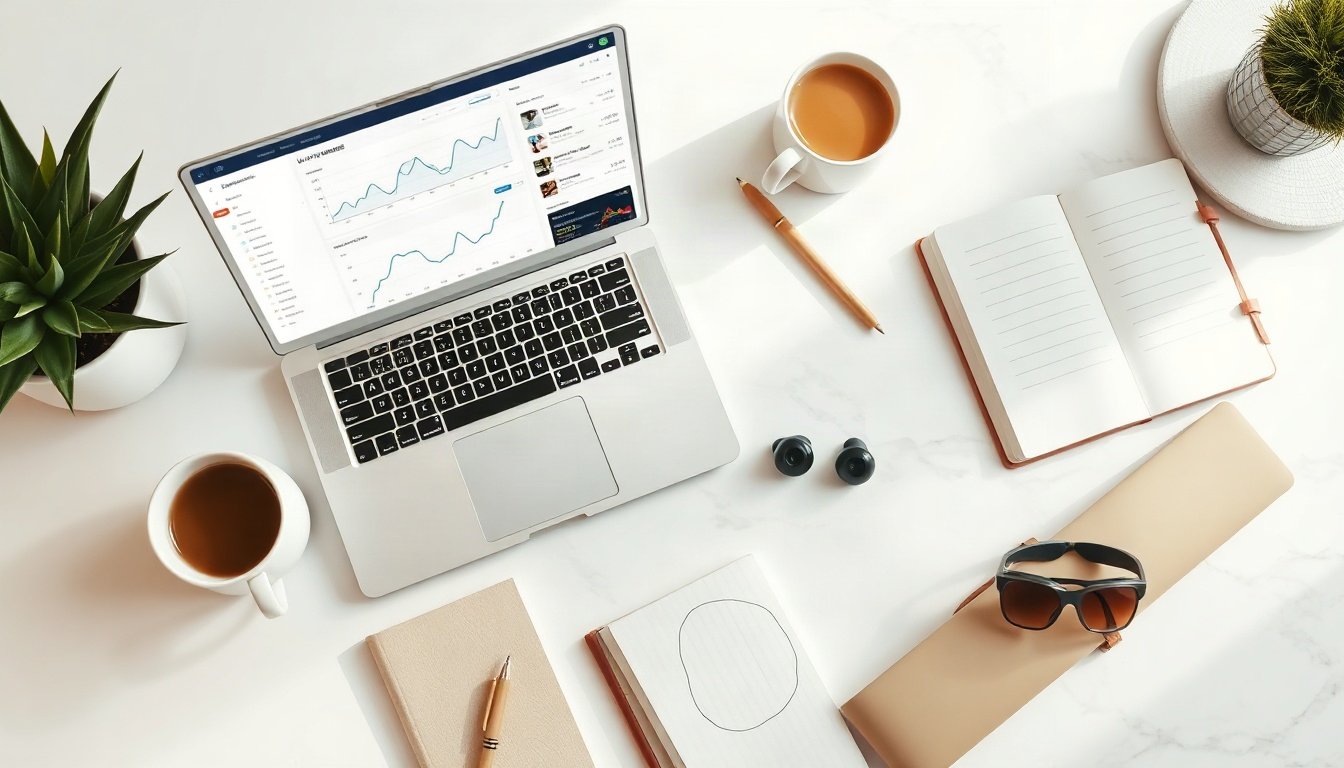 키워드 분석 - flat lay of laptop showing keyword research dashboard with analytics charts and notebook on white desk, keyword analysis concept