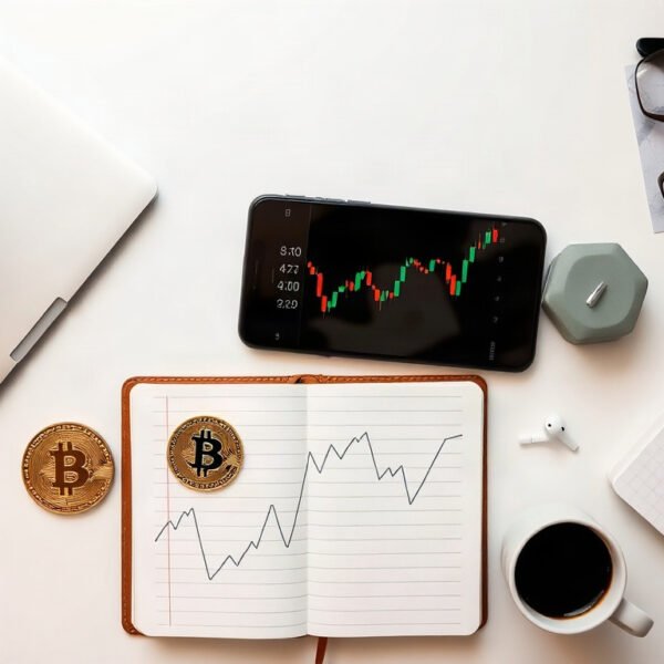 비트코인 - flat lay of bitcoin coin and smartphone with investment chart on white desk, cryptocurrency investment concept 2026