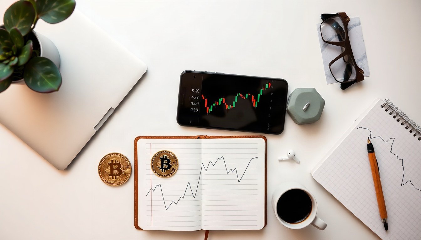 비트코인 - flat lay of bitcoin coin and smartphone with investment chart on white desk, cryptocurrency investment concept 2026