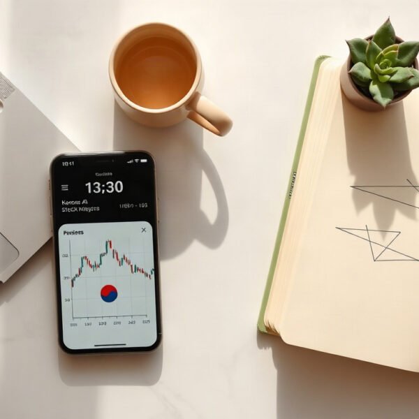 경제소식 신한투자증권 - flat lay of smartphone displaying Korean stock market app with AI analysis interface, financial investment concept, modern desk setup
