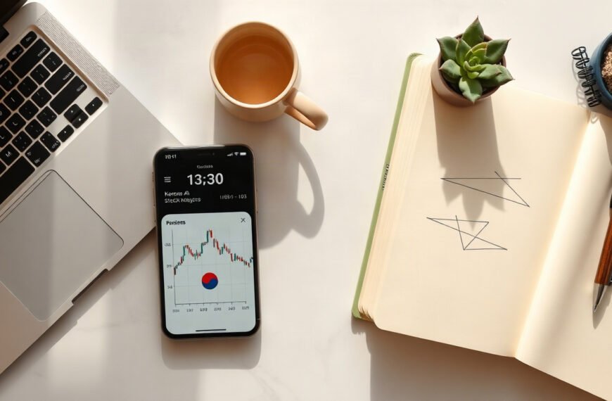 경제소식 신한투자증권 - flat lay of smartphone displaying Korean stock market app with AI analysis interface, financial investment concept, modern desk setup