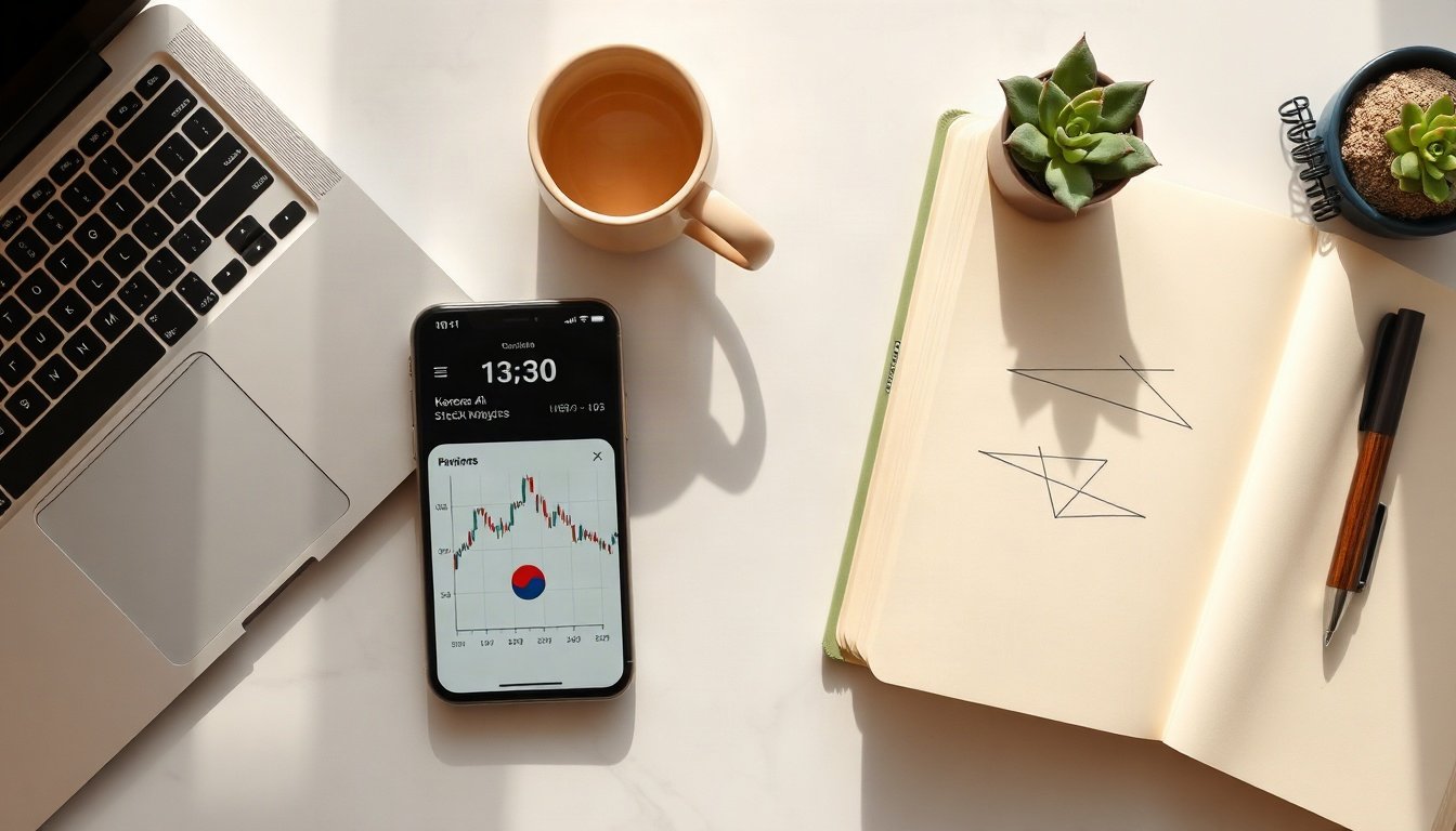 경제소식 신한투자증권 - flat lay of smartphone displaying Korean stock market app with AI analysis interface, financial investment concept, modern desk setup
