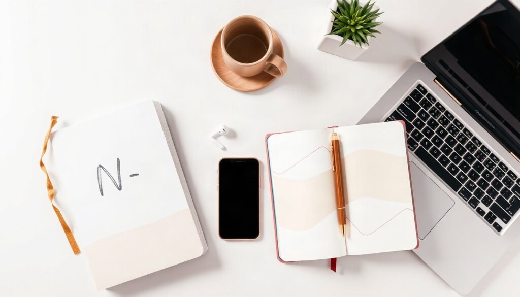N잡러 - flat lay of notebook, smartphone, and laptop on white desk with text overlay "N-Job Strategy 2026", income planning concept